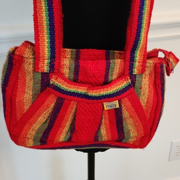 Pinzon Colorful Red Boho Hippie Shoulder Bag Made in Mexico Open Zip Top - Picture 1 of 3